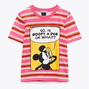 Zara Disney Mickey Goofy Graphic Tee Shirt “So Is Goofy a Dog or What?” NWOT